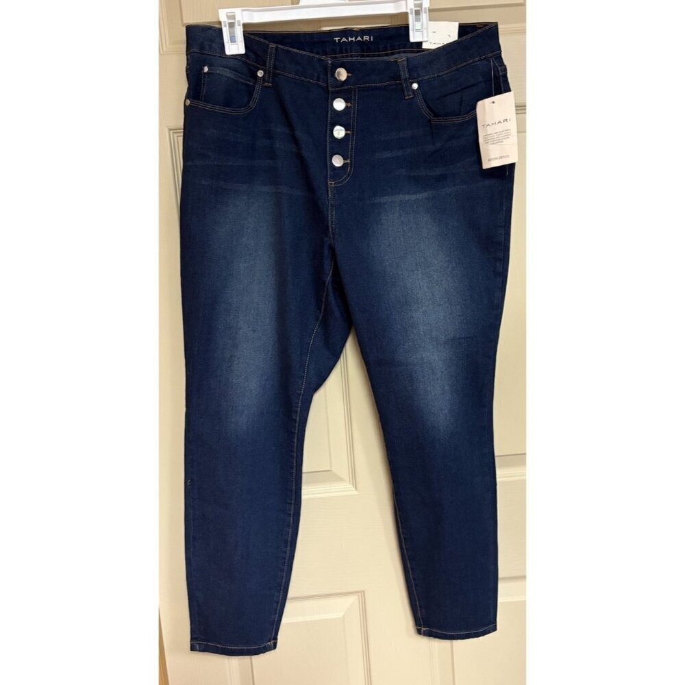 Tahari Women Size 20W Blue Amelia Skinny Jeans Button Fly Medium Wash High Rise